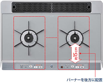 コンロの操作部を左右それぞれのバーナーの正面に